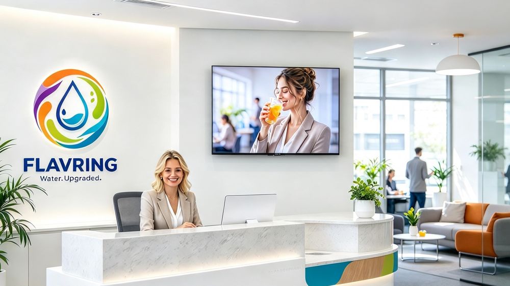 Concept image of a bright office reception with the FLAVRING logo on the wall